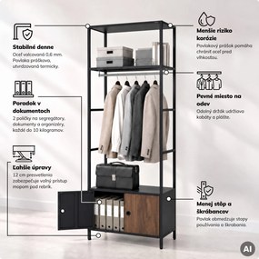 Kancelársky regál otvorený s tyčou na oblečenie, do recepcie a čakárne, kovový, antracitový/orech, 800x2200x400 mm: ARIEL Eco Design