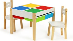 Detský drevený stôl s 2 stoličkami ECOTOYS – otočný blat, 4 úložné priehradky