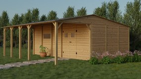 Drevený domček GINKO s terasou (7,7 × 6,45 m), výška stien 2 m