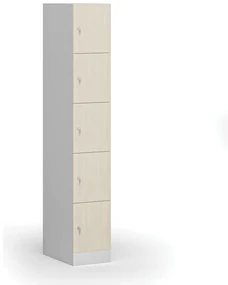 Šatníková skrinka s úložnými boxmi, 5 boxov, 1850 x 300 x 500 mm, cylindrický zámok, laminované dvere, breza