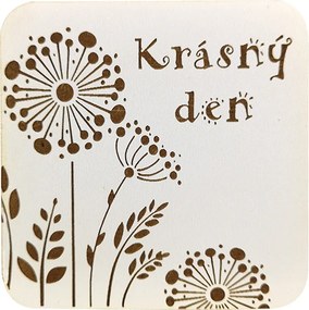 AMADEA Drevený podtáček hranatý text "krásny deň", priemer 9 cm, český výrobok