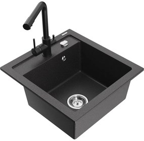 Mexen Vito, 1-komorový granitový drez 520x490x210 mm, čierna matná batéria Duero, čierna škvrnitá, 6503-76-671600-70