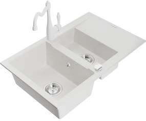 Mexen Gaspar, granitový drez 752x436x161 mm, 1,5-komorový a drezová batéria Carla, biela, 6507-20-670700-20
