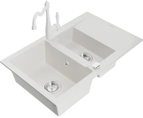 Mexen Gaspar, granitový drez 752x436x161 mm, 1,5-komorový a drezová batéria Carla, biela, 6507-20-670700-20