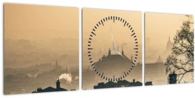 Obraz - Mesto pod hmlou (s hodinami) (90x30 cm)