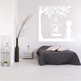 Veselá Stena Samolepka Vtáčik v klietke na strome Farba: biela, Veľkosť: 60 x 60 cm