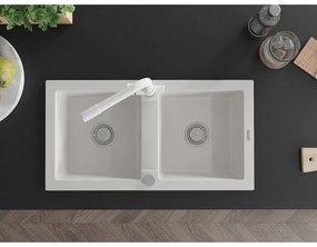 Mexen Mario, 2-komorový granitový drez 820x436x161 mm a biela drezová batéria Duero, biela, 6504-20-671600-20
