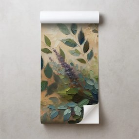 Samolepiaca tapeta maľované zelené listy na béžovom pozadí