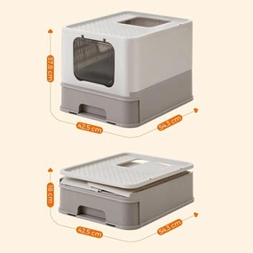 Toaleta pre mačky s vekom a výsuvným podnosom, krytá podstielka, sivá
