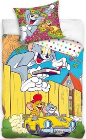 Bavlnené posteľné obliečky Tom a Jerry v žltom kabriolete - 100% bavlna Renforcé - 70 x 90 cm + 140 x 200 cm
