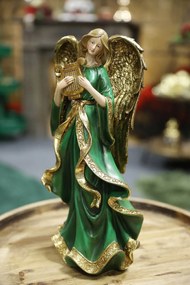 Zeleno zlatá figúrka anjel s lýrou 38cm