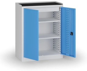 Policová dielenská skriňa 2-dverová, 2 police + 1 zásuvka, 1180 × 950 × 500 mm, modré dvere