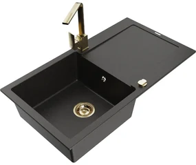 Mexen Leo, drez granitový 900x500x190 mm, 1-komorový, čierna - zlatá metalíza so zlatým sifónom a zlatá drezová batéria Rita, 6501-75-670300-50