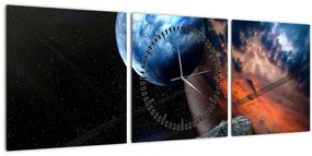 Obraz planéty vo vesmíre (s hodinami) (90x30 cm)