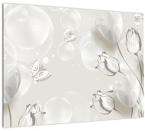 Sklenený obraz - Tulipány medzi bublinami (70x50 cm)