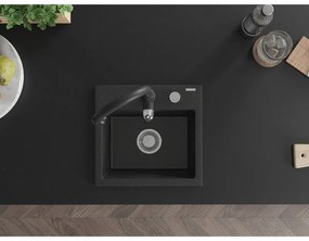 Mexen Milo, 1-komorový granitový drez 435x410x171 mm a drezová batéria Savita, čierna-strieborná metalíza, 6505-73-672601-70