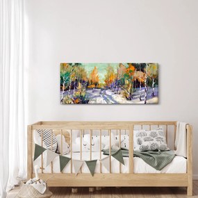 Obraz - Zasnežená cesta lesom, olejomaľba (120x50 cm)