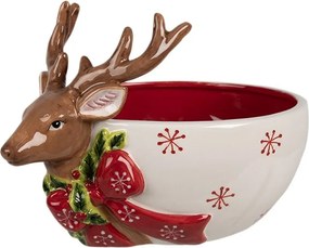 Dekoratívna bieločervená keramická miska s jeleňom Deer - 21*16*7 / 14 cm / 700 ml