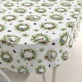 Biante Teflónový oválny obrus TF-103 Vianočné vence s vtáčikmi na bielom 140x220 cm