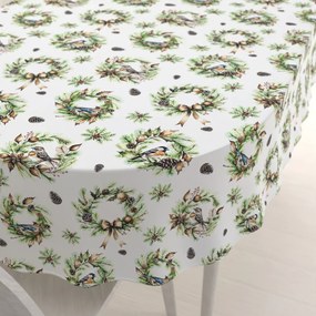 Biante Teflónový oválny obrus TF-103 Vianočné vence s vtáčikmi na bielom 80x120 cm