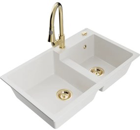 Mexen Tomas, 2-komorový granitový drez 800x500x190 mm a drezová batéria Elia, biela, 6516-20-670101-50