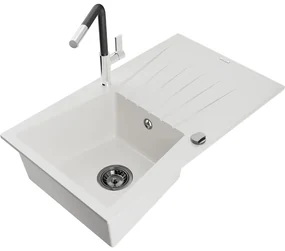 Mexen Cesar, 1-komorový granitový drez 775x470x190 mm a drezová batéria Flora, biela, 6514-20-670401-07-B