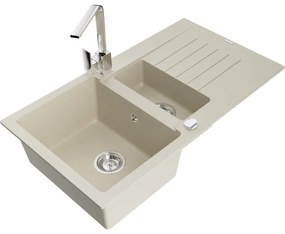 Mexen Matias, granitový drez 900x505x200 mm, 1,5-komorový a chrómová batéria Rita, béžová, 6502-69-670300-00