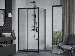 Mexen Apia sprchovací kút s posuvnými dverami 135 (dvere) x 100 (stena) cm, 5mm číre sklo, čierny profil + biela sprchová vanička SLIM, 840-135-100-70-00