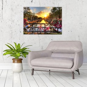 Sklenený obraz - Východ slnka v Amsterdame (70x50 cm)