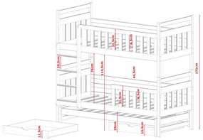Detská poschodová posteľ z masívu borovice KLÁRA s prístelkou a šuplíkmi - 200x90 cm - BIELA