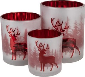 Set 3ks bielo-červený sklenený svietnik s jeleňami - Ø 7*8 / Ø 9*10 / Ø 10*12 cm