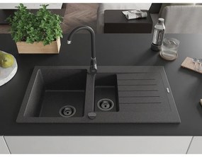 Mexen Matias, granitový drez 900x505x200 mm, 1,5-komorový a čierna batéria Telma, čierna škvrnitá, 6502-76-670200-70-B