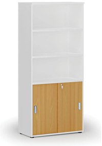 Kombinovaná kancelárska skriňa PRIMO WHITE, zasúvacie dvere na 2 poschodia, 800 x 420 x 1781 mm, biela/buk