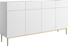 Biela štvordverová komoda Nicole 200 cm so zásuvkami s ryhovaným čelom - biely mat / zlaté nožičky