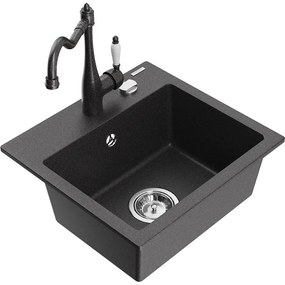 Mexen Milo, granitový drez 435x410x171 mm, 1-komorový a drezová batéria Carla, čierna škvrnitá, 6505-76-670700-76