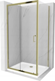 Mexen Apia sprchovací kút s posuvnými dverami 140 (dvere) x 90 (stena) cm, 5mm číre sklo, zlatý profil + biela sprchová vanička SLIM, 840-140-090-50-00-4010G