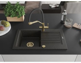 Mexen Pablo, granitový drez 752x436x161 mm, 1-komorový a drezová batéria Duo, čierna-zlatá metalíza, 6510-75-671701-57-G