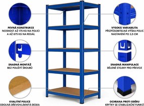 Regál 180x90x40 cm lakovaný 5-policový, nosnosť 875 kg - modrý