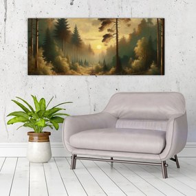 Obraz - Slnko žiariace lesom (120x50 cm)