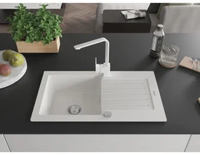 Mexen Pablo, granitový drez 752x436x161 mm, 1-komorový a biela batéria Rita, biela, 6510-20-670300-20