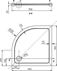 Aqualine TECMI sprchová vanička z liateho mramoru, štvrťkruh 90x90x3cm, R55 PQ559