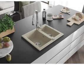 Mexen Carlos, 1,5-komorový granitový drez 582x475x177 mm a drezová batéria Savita, béžová, 6518-69-672601-00