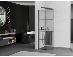 Mexen Kioto+ L, sprchová zástena Walk-In s poličkou a vešiakom 70 x 200 cm, 8mm číre sklo čierny vzor, grafitový profil, 800-070-123-66-77