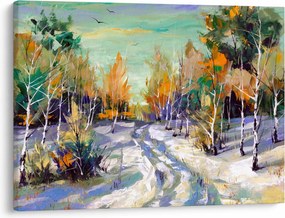 Obraz - Zasnežená cesta lesom, olejomaľba (70x50 cm)