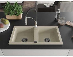 Mexen Mario, granitový drez 820x436x161 mm, 2-komorový a drezová batéria Aster, béžová, 6504-69-73450-07-B