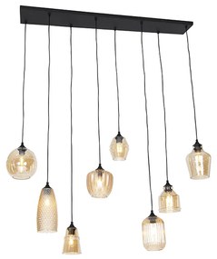 Art Deco závesná lampa čierna s jantárovým sklom 8 svetiel - Hanne