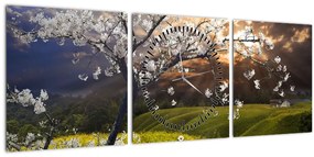 Obraz - Rozkvitnutý strom v krajine (s hodinami) (90x30 cm)