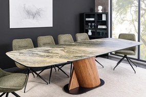 Jedálenský stôl ELEMENTS 180-260 cm rozkladací orechový rám s keramickou doskou, taupe béžový mramorový vzhľad
