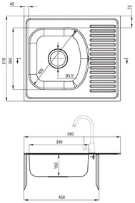 Deante Techno, nerezový drez na dosku 1-komorový Z/KO 580x510x150 3,5" + sifón, vzor satyna, ZMU_0113