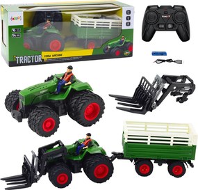 LEAN Toys Poľnohospodársky traktor s prívesom a vidlicami, dvojité kolesá, diaľkovo ovládaný RC